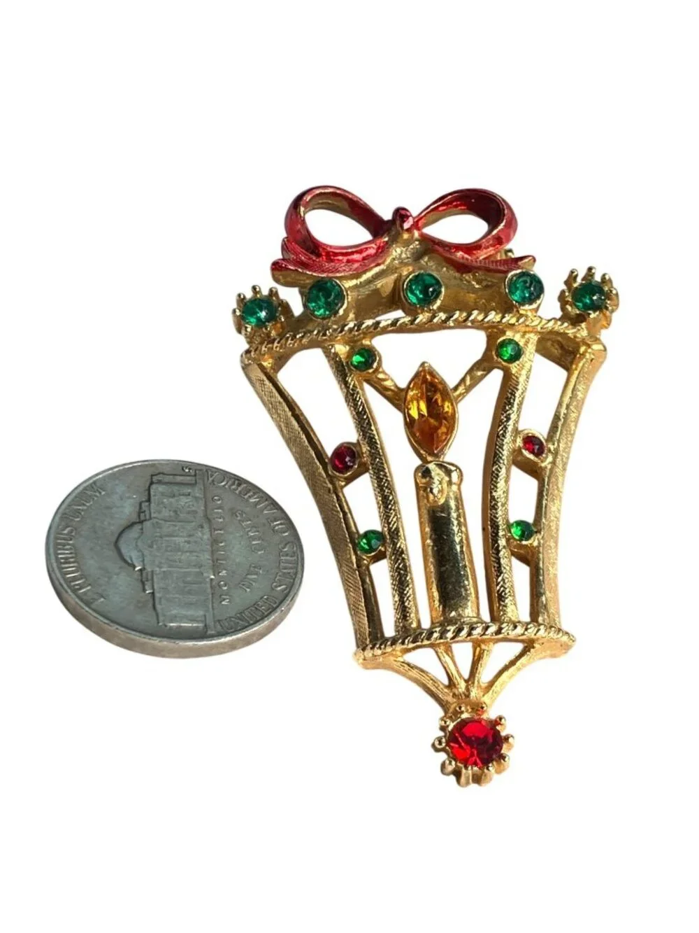 Gold-Tone Christmas Candle Lantern Brooch Pin Signed B.J. Vintage